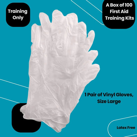 Front view of white vinyl gloves, size large, latex-free, from a box of 100 first aid training kits.