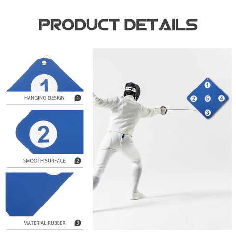 13 Inch Rubber Fencing Target For Saber Foil And Epee Training detail with fencer demonstrating use, showing hanging design and smooth surface.