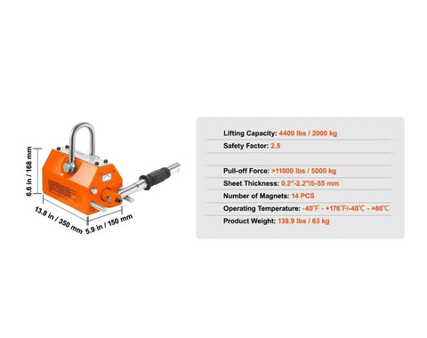 Heavy Duty Permanent Magnetic Lifter With Crazily High Two Thousand Kilogram Pulling Power For Gritty Steel Hauling Jobs On Site, orange with safety specs.