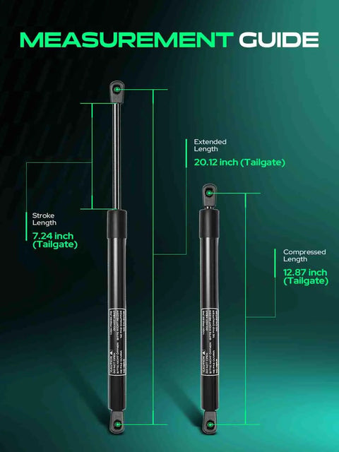 Measurement guide for Chevrolet Trailblazer GMC Envoy Oldsmobile Bravada Saab 9 7X Isuzu Ascender Buick Rainier Rear Window Glass And Tailgate Lift Support Gas Struts Set Of 4 Replacement showing dimensions.