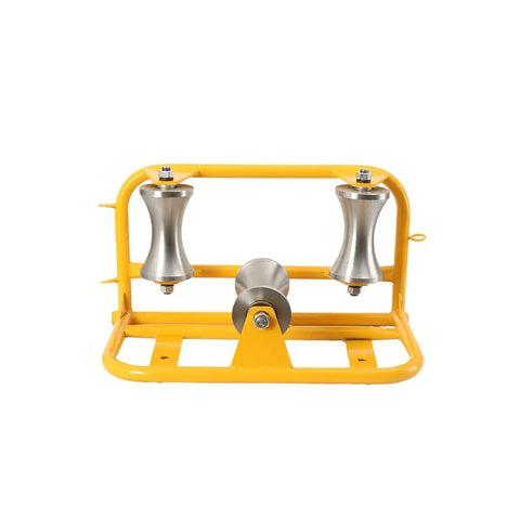 Heavy-Duty Steel Cable Puller Sheave For Large Scale High V And Construction Projects, durable yellow steel frame with stainless steel rollers.