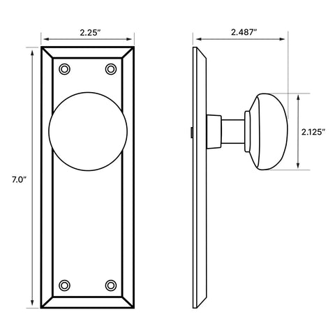 Technical diagram of New York Style Door Knob With Plate, Classic Round Door Handle Set In Premium Finishes, dimensions included
