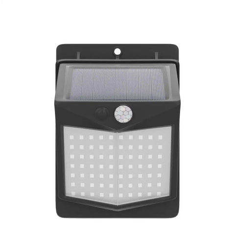 Front view of Solar Motion Sensor Outdoor Lights With 3 Modes And 150 Degree Detection IP65 Waterproof Ultra Bright Pathway And Yard Security Lighting For Garden Porch And Backyard showing panel and sensor.