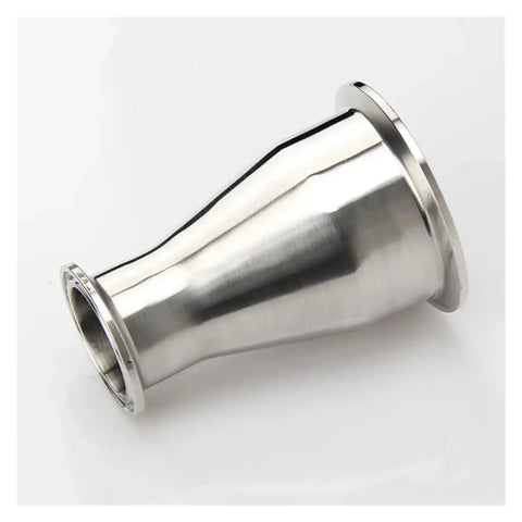 Hella Rugged SS304 Stainless Steel Tri Clamp Concentric Pipe Reducer With Zero Sweat Installation And Rapid Release Sanitary Ferrule For Home Brewing 45 By 32 Mm Size angled view of tapered pipe reducer.