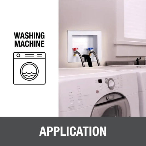 Quadtro Washing Machine Outlet Box Tail Piece With One Quarter Inch Turn Water Hammer shown installed near washing machine