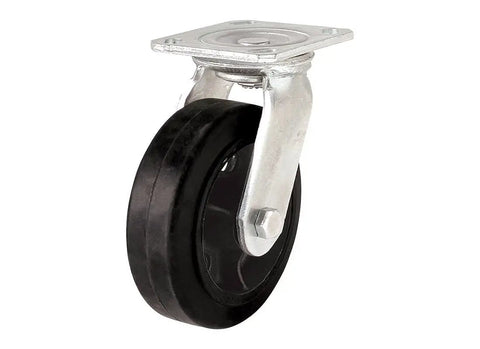 Rock Solid 6 Inch Rubber Swivel Plate Caster with a sturdy metallic base, ideal for heavy duty carts rated at 410 lbs.