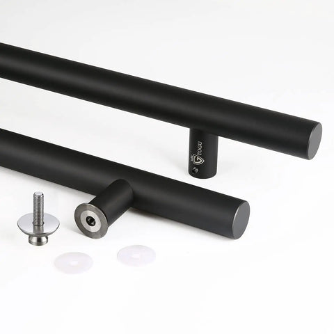 Beefy 18 Inch Solid Stainless Steel Push Pull Door Handle Set Matte Black Finish shown with chamfered edges and hardware