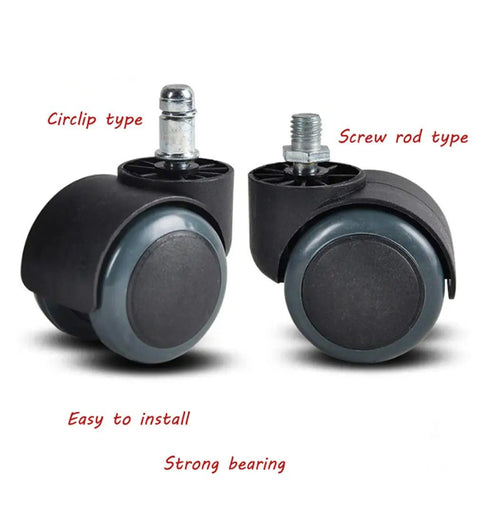 Premium Silent Office Chair Casters With 360 Swivel Spin, 2 Inch Pu Tread Wheels That Glide Smooth As Butter On Hardwood Floors, Zero Squeaks Or Scratches For Stress Free Work Calls And Relaxed Gaming Sessions Includes Five. Circlip and screw rod type casters on display.