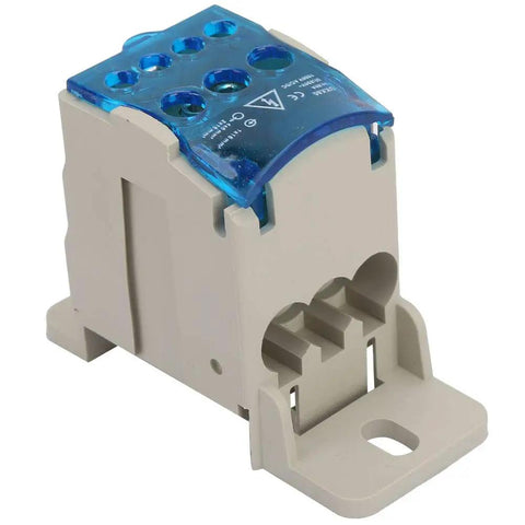 Rock Solid 80 Amp Din Rail Terminal Block Distribution Box With Fire Safe Housing For Heavy Duty Universal Wiring Hookups And Straightforward Power Drop, compact design with blue cover.
