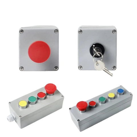 Explosion proof push button enclosure with control buttons for industrial use.