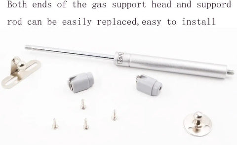 Heavy Duty Silver Gas Struts For Cabinets With 40N 9Lb Hydraulic Lift Supports parts including rod, gray heads, screws, and mounting plate.
