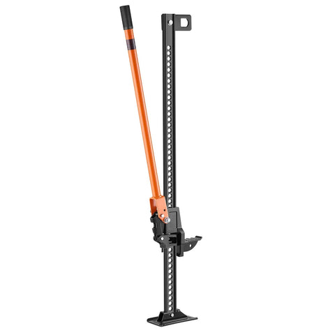 48 Inch High Lift Farm Jack Featuring A Badass 7000 Pound Ratcheting Build For Off Road Recovery and Pickup Truck Or Suv Bumper Lift in black and orange.