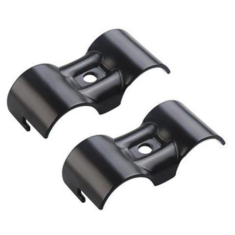 10 Pack Black Double Port Parallel Pipe Clamps For 28mm Lean Tubes Heavy Duty Carbon Steel Tube Connectors shown from above.