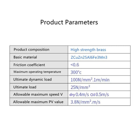Product parameters chart detailing Top Shelf One Piece Flanged Oil Free Graphite Brass Bearing Sleeve specifications.