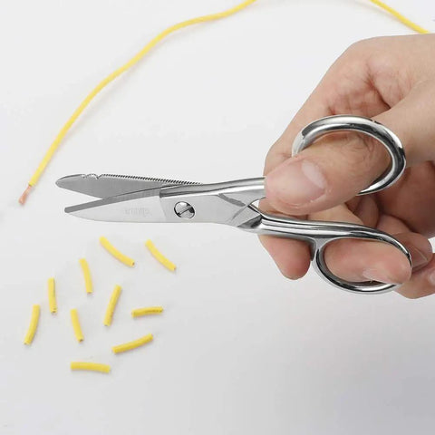 Heavy Duty Electrician Scissors 5-1/5 Inch Forged Stainless Steel Shears With Wire Stripping Notches For 19 And 23 AWG, Telecom Cable And Wire Cutting, Pro Grade Industrial Serrated Non Slip Edge