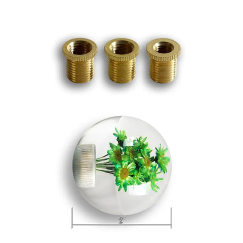 Front view of Cool 54mm Crystal Flower Shift Knob Real Flower Resin Ball for Manual and Automatic Transmissions Universal Fit Gated Style Only Fits 5 and 6 Speed Shifters Includes 3 Adapters for Most Cars Trucks Green with brass adapters.