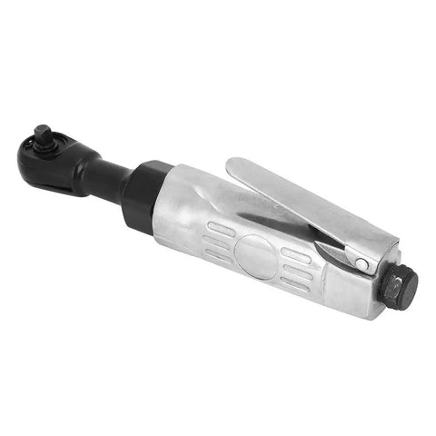 Pro Grade Pneumatic Ratchet Wrench With Quarter Inch Driver And Adjustable Twenty Five Foot Pound Torque For Quick Garage Fixes And Auto Tasks That Keep You From Breaking A Sweat, featuring aluminum housing and standard socket compatibility.