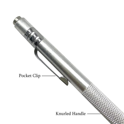 Top Shelf Tungsten Carbide Scriber Set With Embedded Magnet And Twelve Spare Tips For Rock Solid Etching On Glass Metal Ceramic Wood And Plastic showing knurled handle and pocket clip.