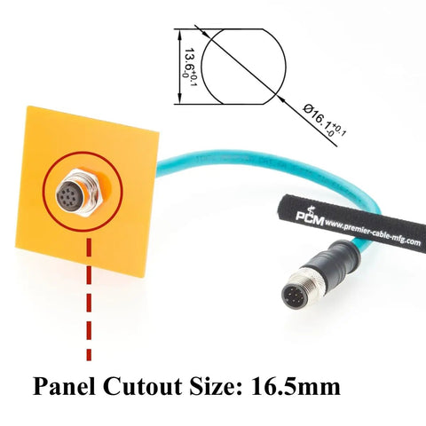 M12 A Code 8 Pin Male To Female Extension Cable With Front Panel Bulkhead Mount IP67 Shielded CAT6A Pro Grade Industrial Ethernet For Sensors, Robotics, Machine Vision And Automation 0.3m, panel cutout 16.5mm