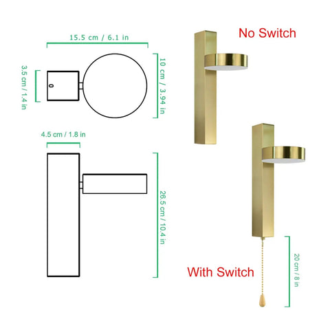 Premium Top Sleek Led Indoor Wall Lights Aluminum Nordic Sconce Fixtures dimensions showing with and without switch options.