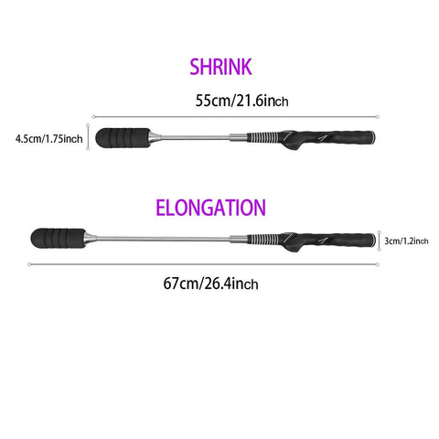 Golf Swing Trainer And Analyzer, Adjustable Swing Aid For Coordination, Tempo, And Power shown in closed and extended views with dimensions