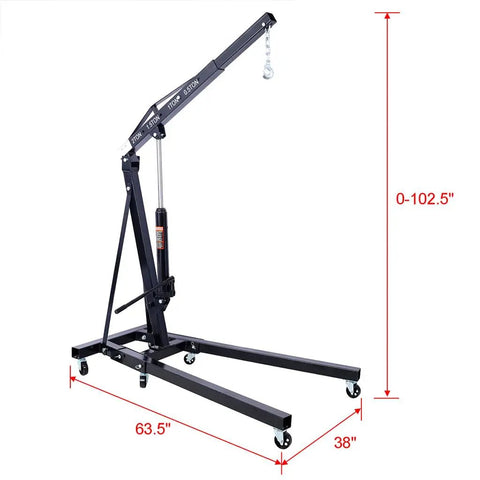 Heavy Duty 2 Ton Hydraulic Engine Hoist Folding Cherry Picker with adjustable boom and six iron casters, dimensions 63.5 x 38 x 102.5 inches.