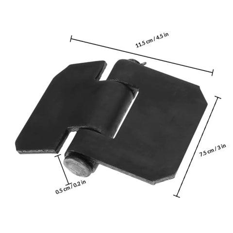 Beefy Heavy Duty Weld On Trailer Door Hinges Two Pack With Removable Door Axle And Thickened Metal Gate Hinges For Ramps Gates And Trailer Hardware For Heavy Duty Use On Jobsites showing black hinge with dimensions.
