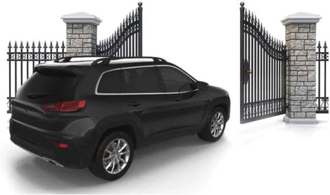 SUV approaching open gate featuring 100 Foot Vehicle Sensor Exit Wand Kit for Driveways With Automatic Gate Release Free Exit No Grounding Required Dope Setup For Cars And Home Gates Easy Install And Weatherproof Build