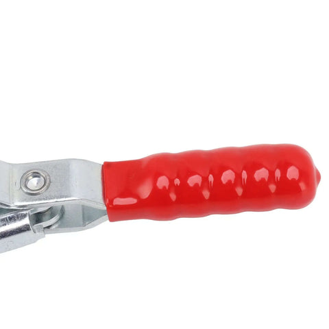 Close-up of red handle on Heavy Duty Toggle Clamp For Woodworking Stainless Steel Lever Clamp with Arrow Storage Case