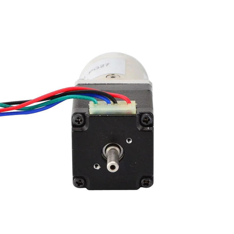 Stepper motor with 27:1 gearbox, NEMA 11, front view; black motor body, white gearhead, multicolor wires
