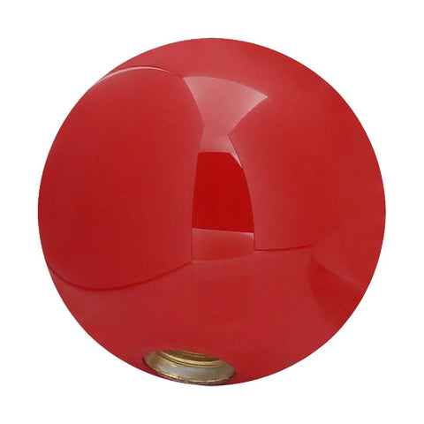 Red billiard style shift knob for cars trucks and SUVs, round ball gear shifter knob, shown close-up, resin material.