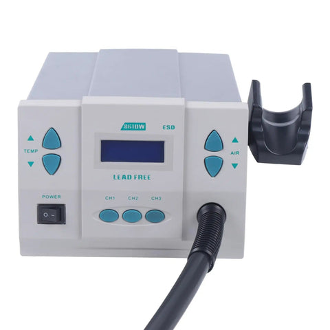Front view of 1000W Hot Air Rework Station with Auto Sleep Mode, digital LCD, controls and nozzle holder.