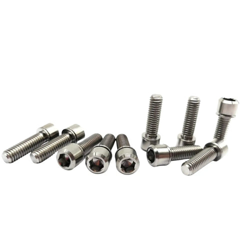 Rugged Aerospace Grade Titanium Bike Bolts M6X19mm Allen Hex Socket Set Of 10 Includes Washers shown from various angles.