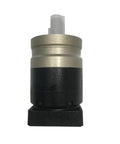 Heavy Duty Round Flange Helical Gear Planetary Reducer Gearbox With Rock Solid Ratios 15 To 40 And Three Eighths Shafts Tough As Nails For Nema23 Stepper Motor Kits front view, metallic and black design.