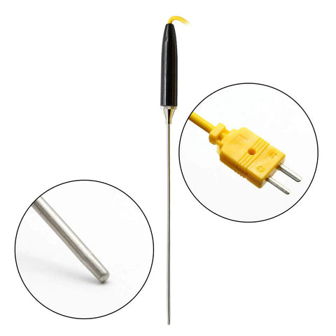 Type K Thermocouple Probe 0 To 1100C Temperature Sensor 3mm Diameter By 200mm Length Fork Terminals 5mm WRNK-187 High Temp Industrial Heat Probe For Electronics And Thermal Testing with close-up of probe tip and terminals.