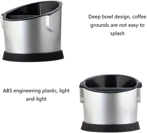 Top Shelf Coffee Knock Box With Shock Absorbing Base And Detachable Snag Free Knocker Bar 700Ml deep bowl design, silver with black base.
