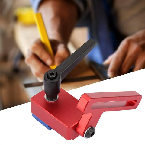 Heavy Duty Cnc Machined Aluminum Miter Track Stop Block Fits 30mm T Slot Rails With Buttery Smooth Sliding Action And Rock Solid Precision Length Limiting For Shop Masters with a black knob.