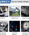 Collage of automotive issues like oily smell, difficult starts, sputtering engine, whining noise, low fuel efficiency, power loss.