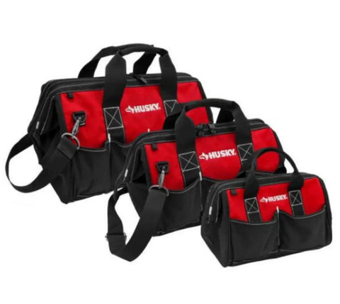 Red Tool Bag Set With 18 Inch, 15 Inch, And 12 Inch Bags, Zippered Tops And Shoulder Strap, Heavy Duty Construction Displayed