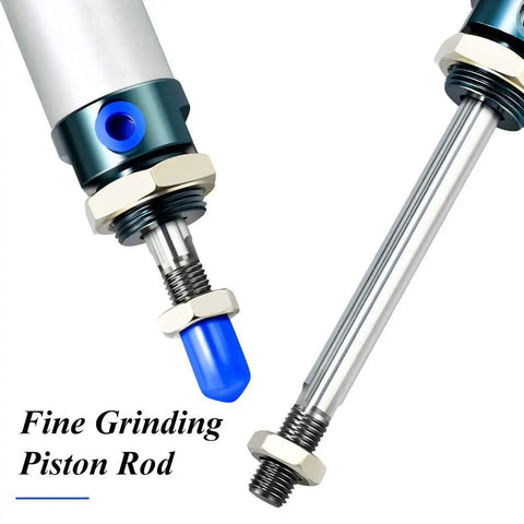 Close-up of Workhorse 20mm Bore 125mm Stroke Pneumatic Air Cylinder showing fine grinding piston rod and fittings.