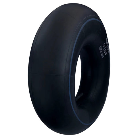 Side view of a black butyl rubber inner tube for 16x6.5-8 tires with a TR13 straight valve stem.