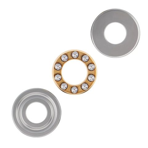 Three-piece thrust ball bearing set: gray inner race, gray outer race, and gold ball cage.