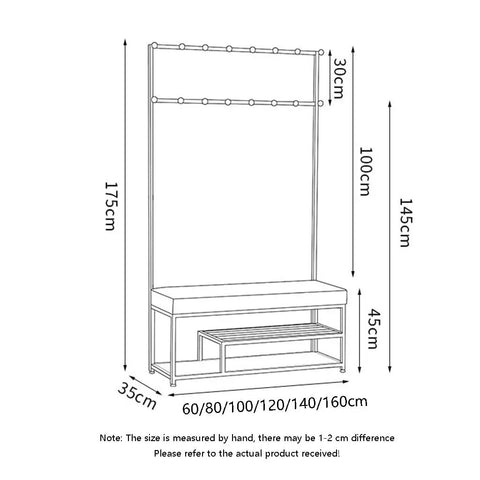 Heavy Duty Coat Rack And Shoe Storage Bench For Entryway Featuring Industrial Metal Frame Upholstered Seat dimensions and structure diagram.