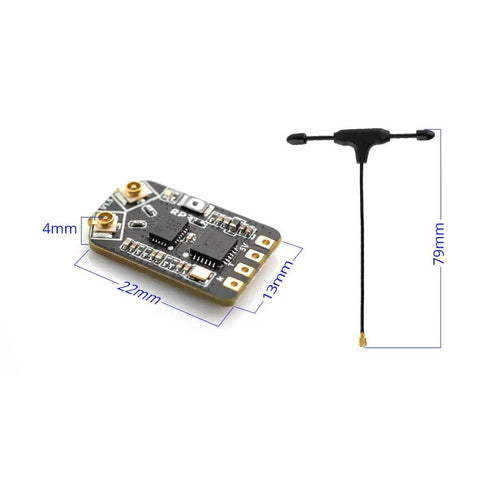 RP3 ELRS Nano Receiver For FPV Drones 2.4GHz ExpressLRS, compact module with antenna, dimensions 22mm x 13mm x 4mm, 79mm antenna