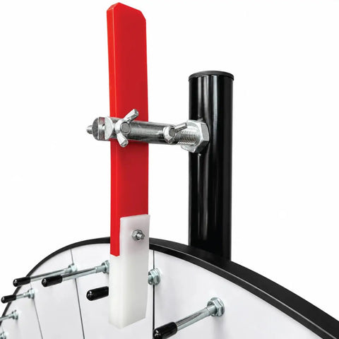 Plug And Play Prize Wheel Flapper Assembly Kit Featuring Heavy Duty Bolt Hardware And Vibrant Red White Clicker Stopper For 24 And 36 Inch Carnival Game DIY Fix mounted on prize wheel, showing red and white flapper.