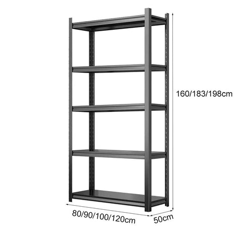 Five Tier Heavy Duty Metal Shelving Unit With Adjustable Layouts For Garages Basements And Kitchens Top view with height and width dimensions displayed.