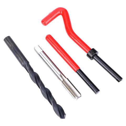 Components of 17 Piece Heavy Duty Stainless Steel Thread Repair Kit With Twisted Drill, Tap Wrench And Threaded Inserts For M10x1 Threads
