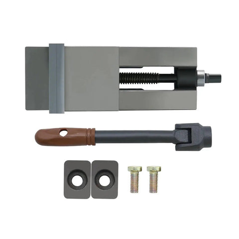 Heavy Duty One Piece CNC Vise And Milling Machine Fixture Providing Rock Solid Clamping Power For Precision Turning And Badass Custom Fabrication Jobs With Angle Lock components laid out on a white background.