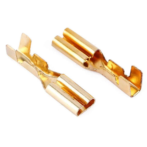 Close-up of 8mm gold brass crimp terminals from 100 Pair Spade Wire Connectors Set With 2 8mm Gold Brass Crimp Terminals For Automotive And Speaker Wiring Plug And Play Diy Electrical Projects Durable Power Cable Terminals For Quick No Fuss Connections