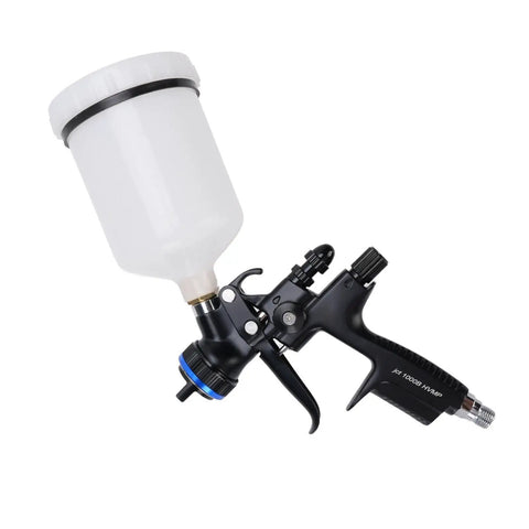 Pro Grade HVLP Paint Sprayer Gun With 600 ml Cup and 1.3 mm Nozzle for Furniture Walls Doors with white paint cup.